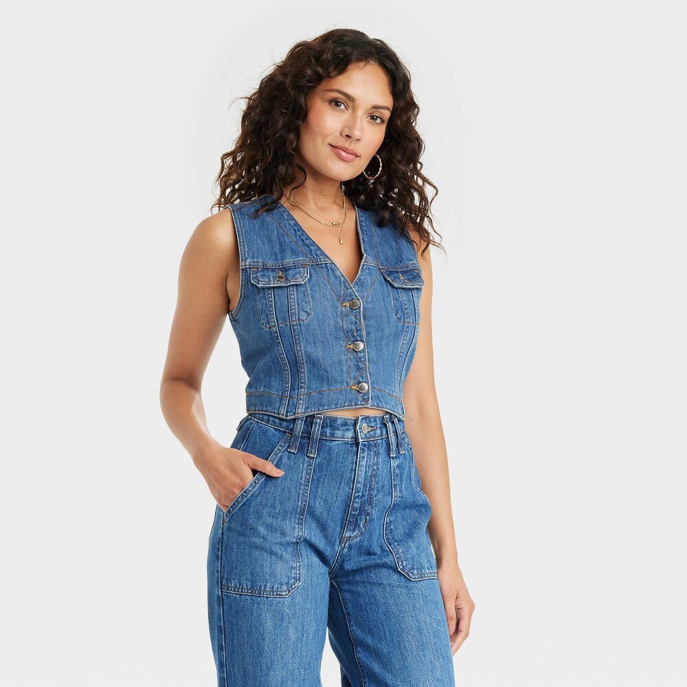 Cropped Denim Vest - Blue Denim S